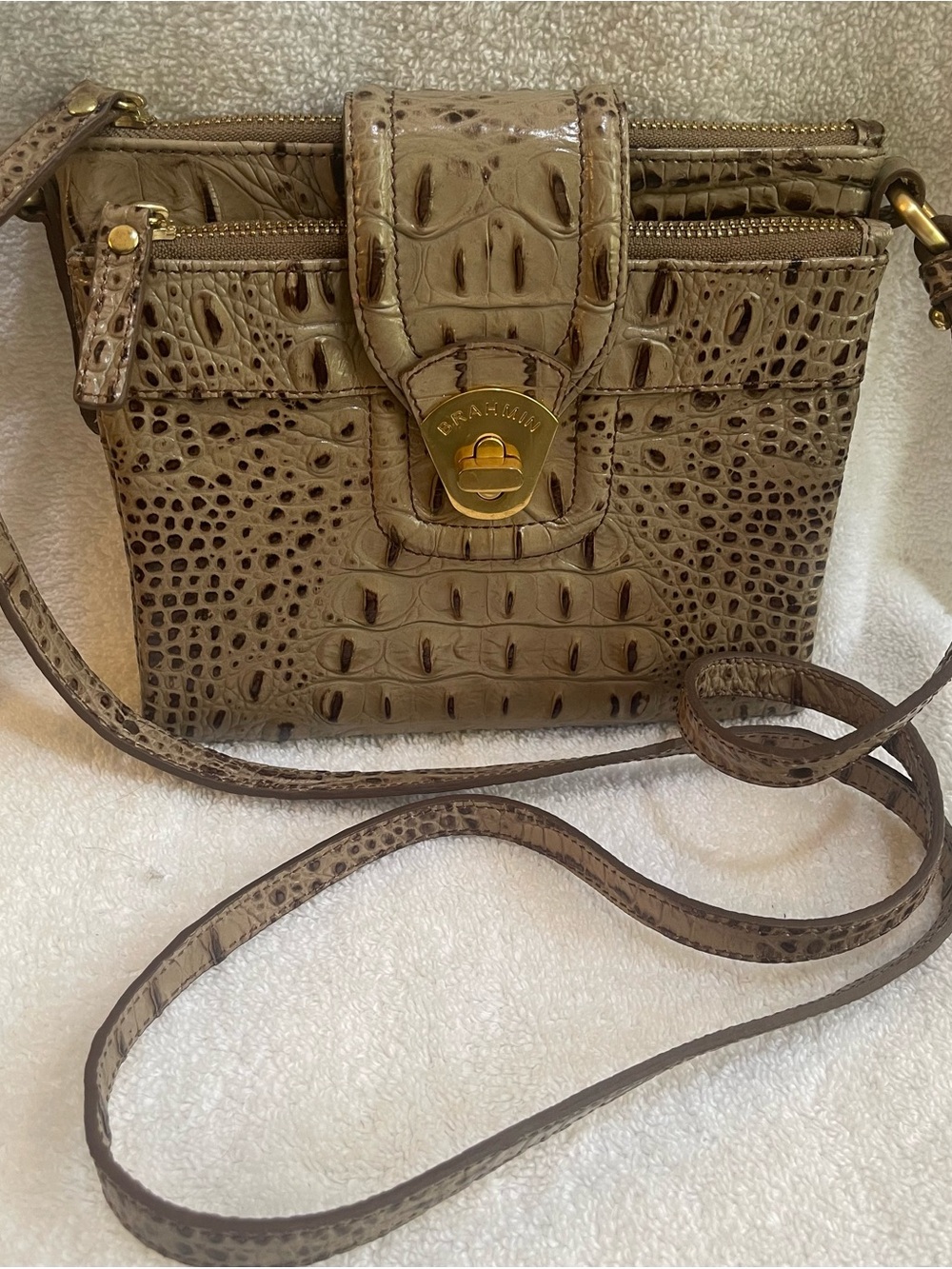 Brahmin Taupe Croc-Embossed Leather Crossbody Bag